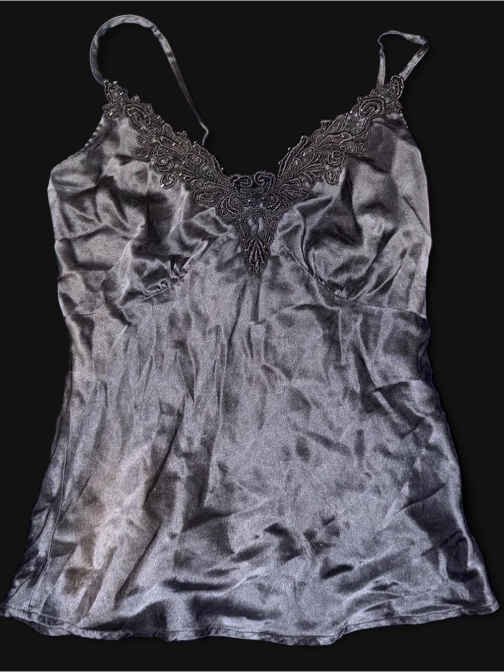 Halston Black Satin Lace-Trim Slip Cami